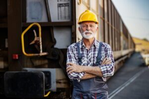 A FELA burn injury lawyer helps senior railroad workers recover compensation, like this one who is standing near a train with his arms folded.